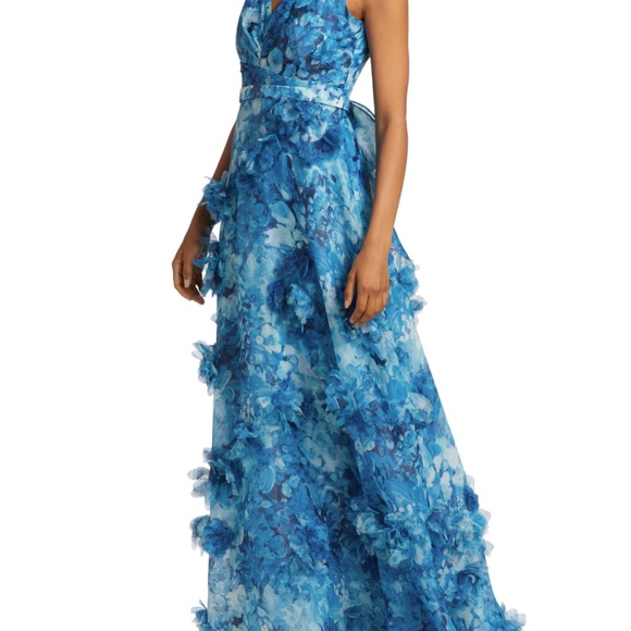 Marchesa Notte VNeck Printed Organza 3D Appliques Gown Blue Multi - Picture 3 of 9